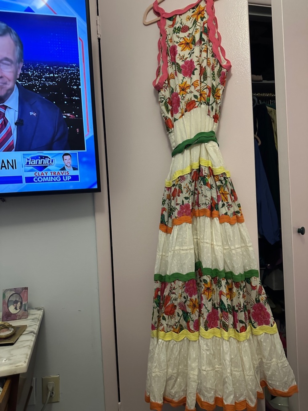 FARM Rio White Floral Tiered Maxi with Pink Trim and Green Tie - Picture 5 of 12
